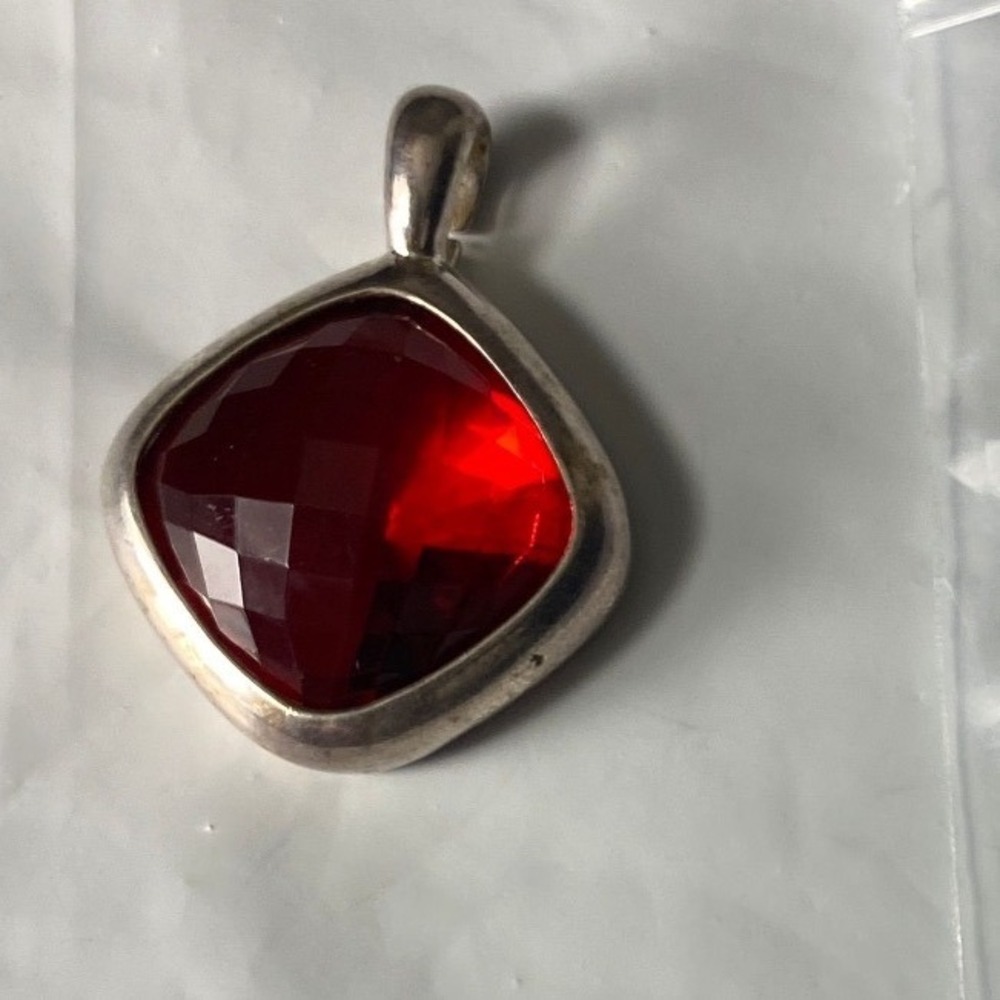 Silver Tone Red Gemstone Square Pendant Necklace Charm‎ Jewelry